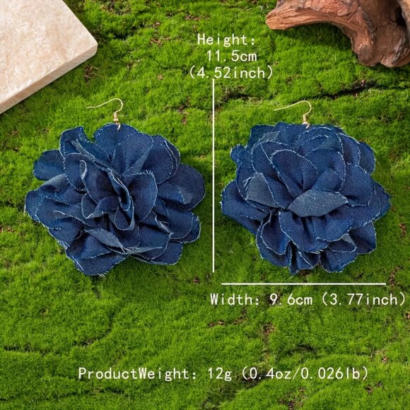 Bohemian Handmade Denim Fabric Flower Dangle Earrings, Blue - Picture 5 of 5